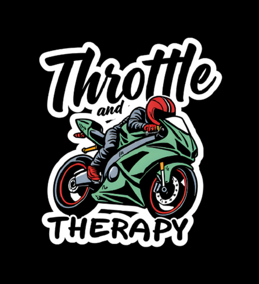 Logo with a motorcycle and text 'Throttle and Therapy' on a black background