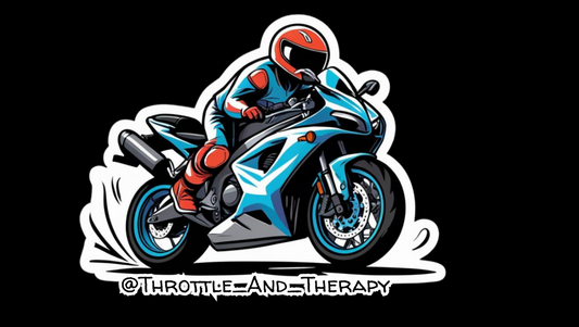 Motorcyclist on a blue bike with 'Throttle and Therapy' branding on a black background